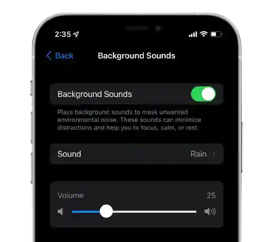 Rain Background Music in iOS 15 Setting