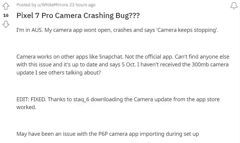 Pixel 7 Pro Camera Crashing Bug?