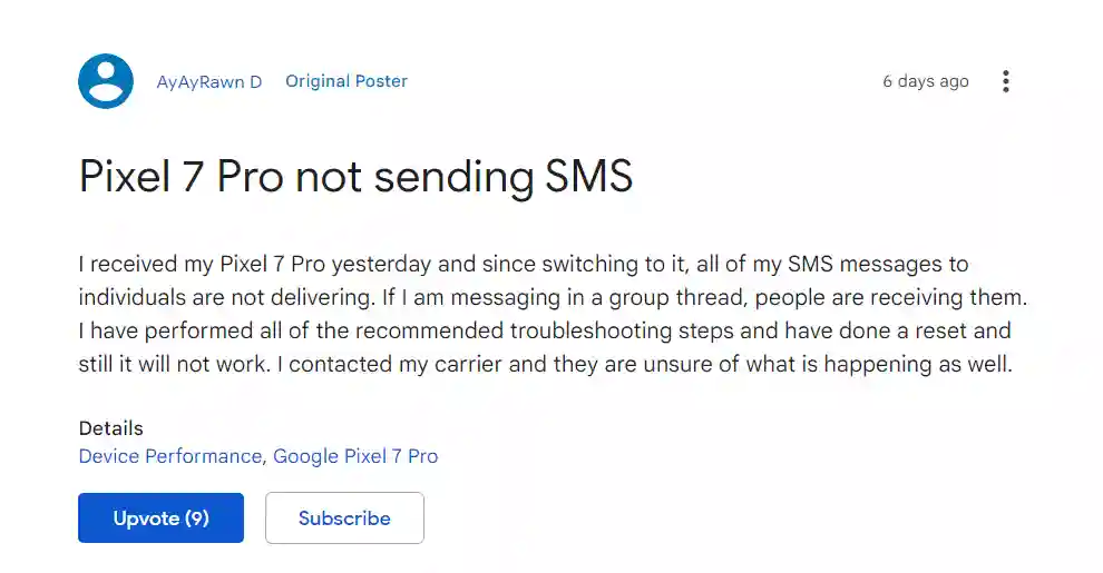 Pixel 7 Pro not sending SMS