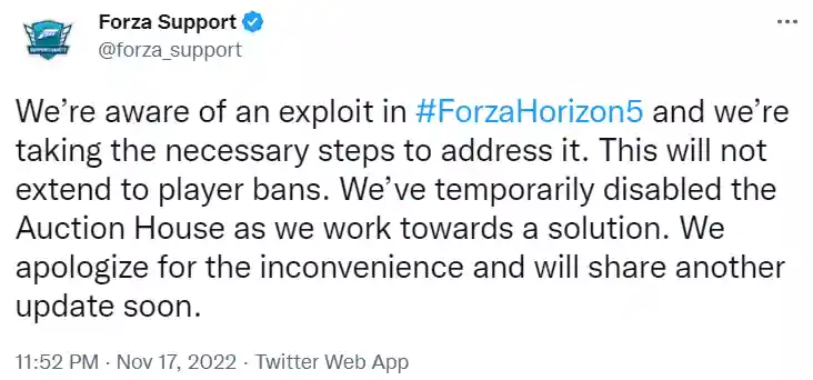 Official Statement by Forza Support on Twitter