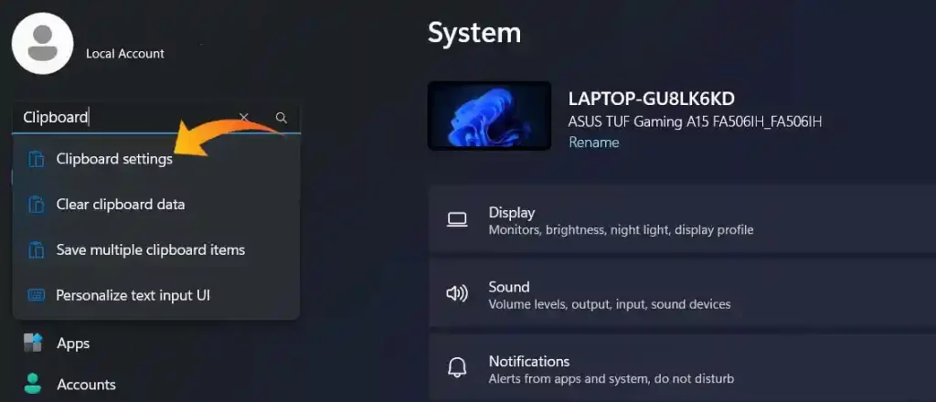 Search Clipboard Settings to Enable Clipboard in Windows 11