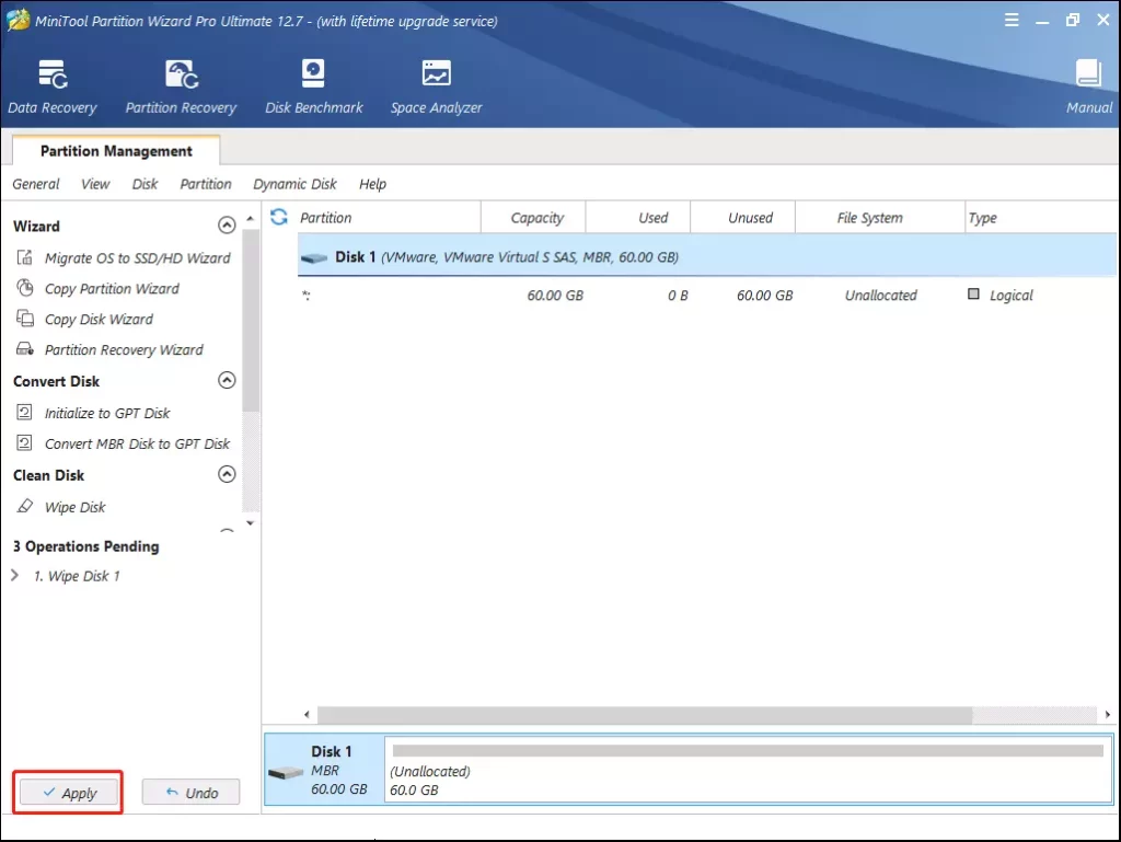 MiniTool Partition Wizard Apply Button