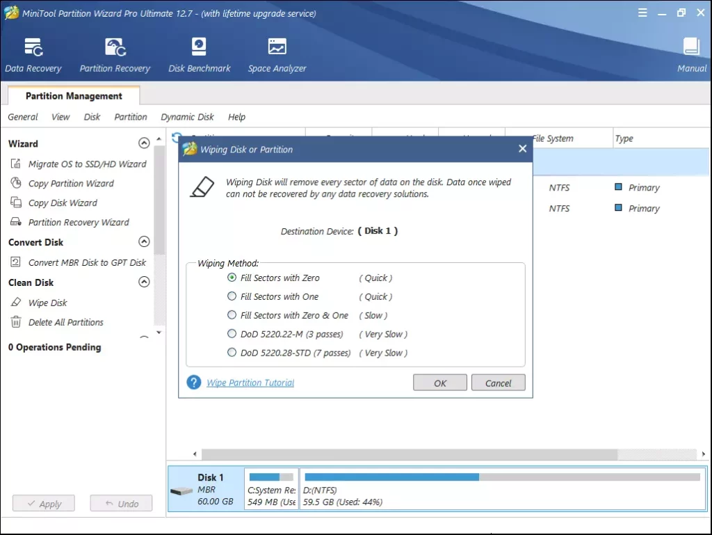 MiniTool Partition Wizard Wiping Disk or Partition