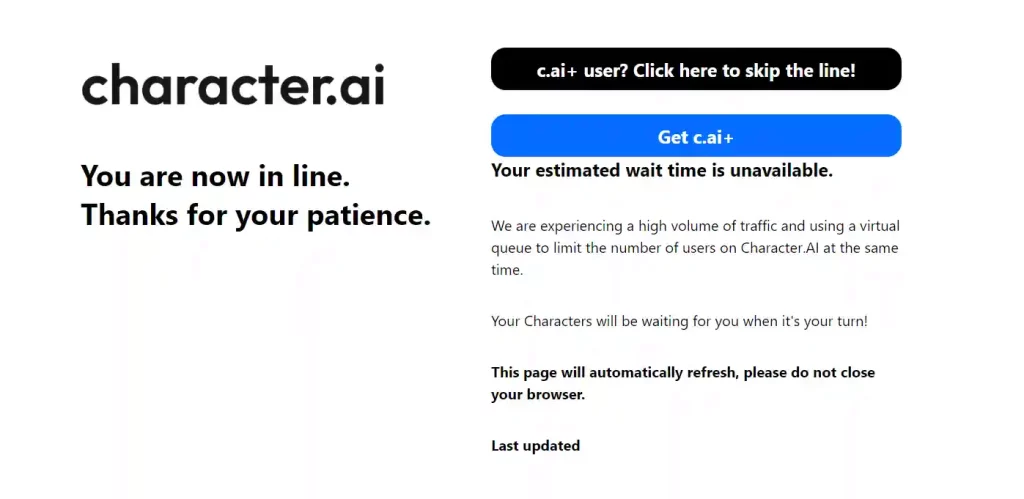 Character.AI down due to high volume of traffic and using a virtual queue to limit the number of users